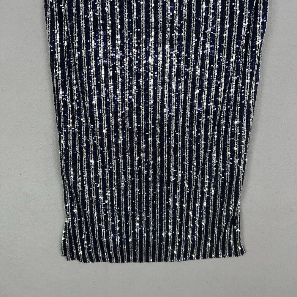 Anthropologie Flat White Dress Women Small Navy Blue Silver Sequin Striped Party - Picture 4 of 16